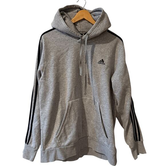 Adidas Three Stripes Fleece Pullover Hoodie Gray Black L - Picture 1 of 5